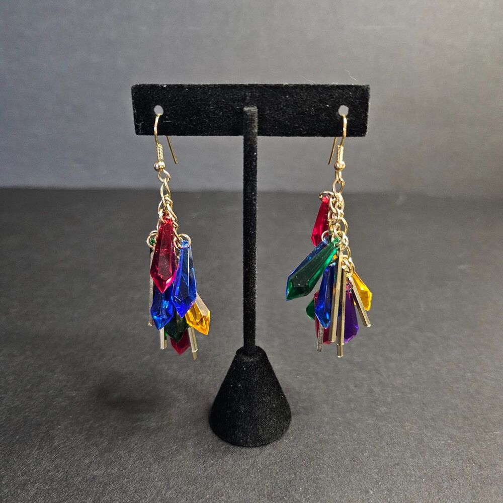 1980s Colorful Teardrop Acrylic Earrings, Pierced Pendant Earrings Gold Color